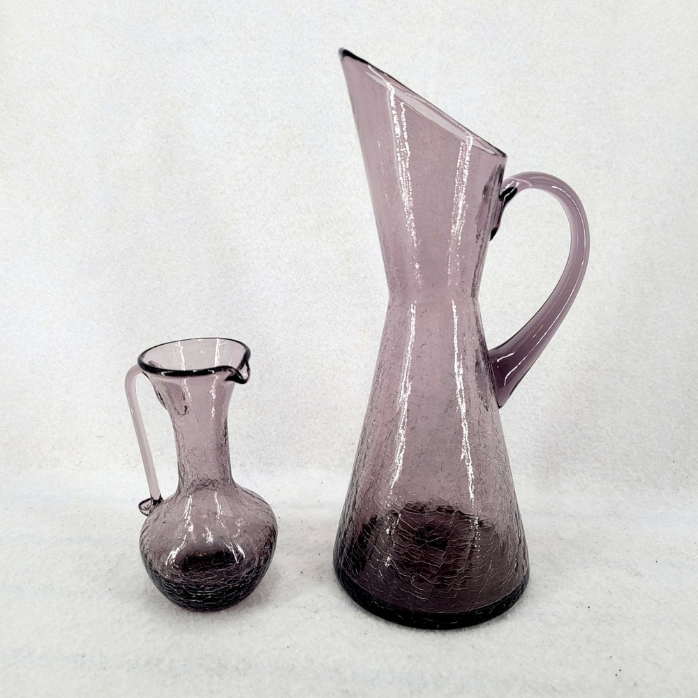 Vintage Amethyst Crackle‎ Glass Pitcher Set Hand Blown Applied Handle EUC